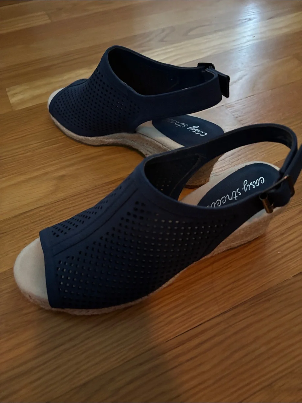 easy street navy perforated slingback wedge sandals with tan footbed